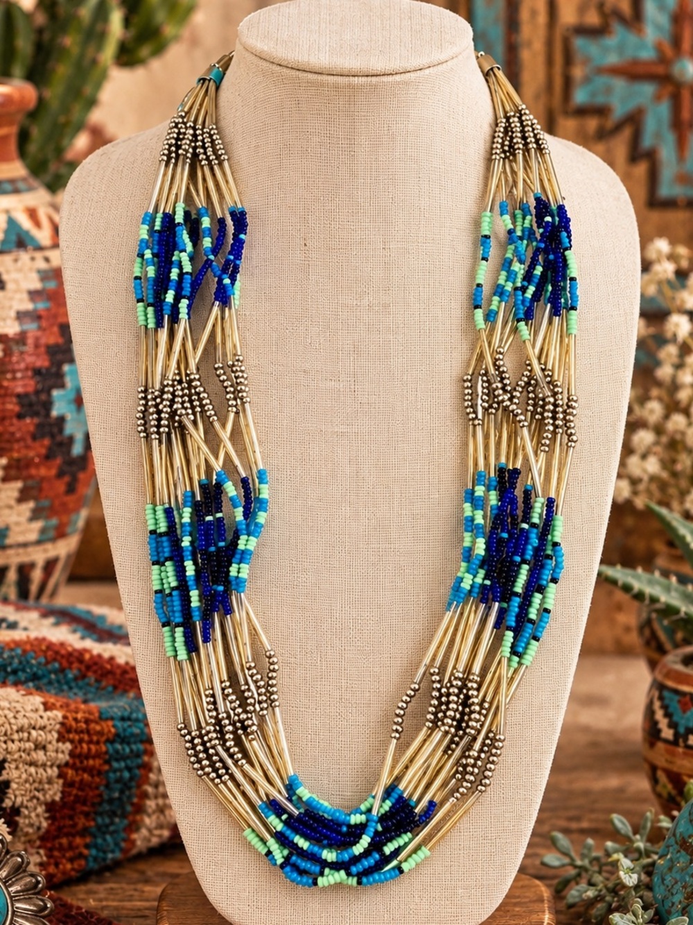 Chico’s Multi Strand Seed Bead Necklace Blue Turquoise Silver Tone Statement